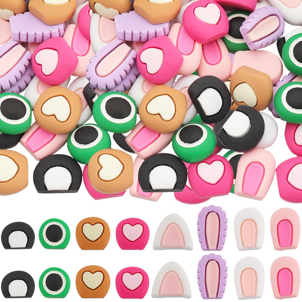 SUNNYCLUE 1 Box 96Pcs 8 Styles Cute Cabochons Mini Resin Charms Flatback Cartoon Animal Cat Rabbit Bear Pink Ears Round Eyes Colorful Kawaii Cabochon for Scrapbooking Embellishments DIY Craft Hairpin