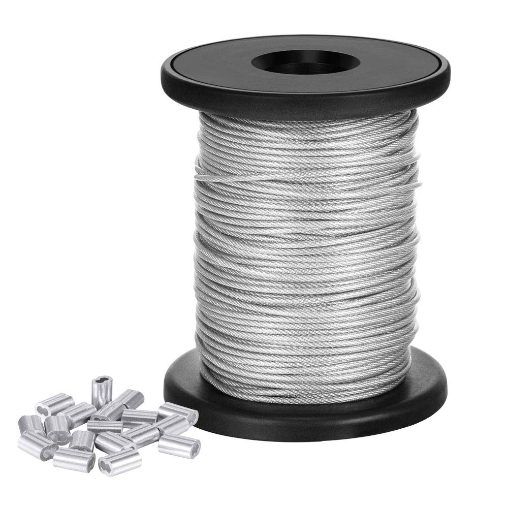 CODIRATO Picture Frame Hanging Wire, Stainless Steel Wire Spool with 20 Pieces Aluminum Crimping Loop Sleeve Photo Mirror Hanging Wire for Hanging Pictures, Mirrors and Photos (1.5 mm * 50 m)