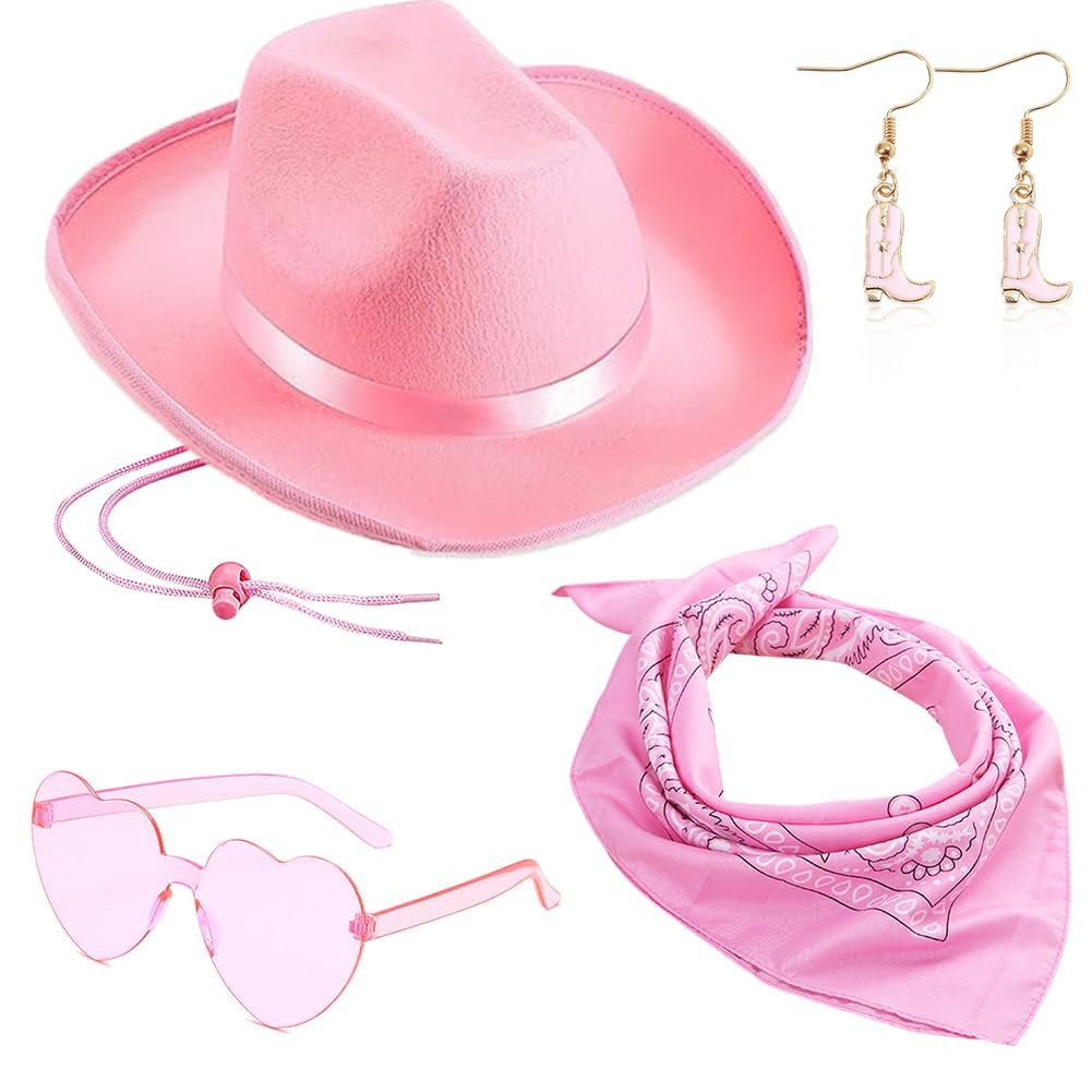 FCXVXCL Cowgirl Hat Cowboy Hats for Women Fluffy Feather Brim Cowboy Hat Heart-Shaped Sunglasses, Bandana for Holiday,Costume Party,Play Dress Up,Halloween Cosplay 4Pcs