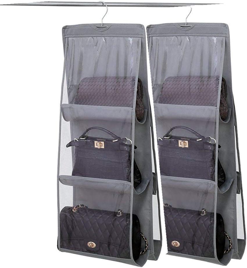 Ovyuzhen 2 pack Handbags Organizer 6 Pockets Non-Woven Fabric Clear Purse Handbag Storage Bag Pouches Clear Purse Hanging Organizer Closet