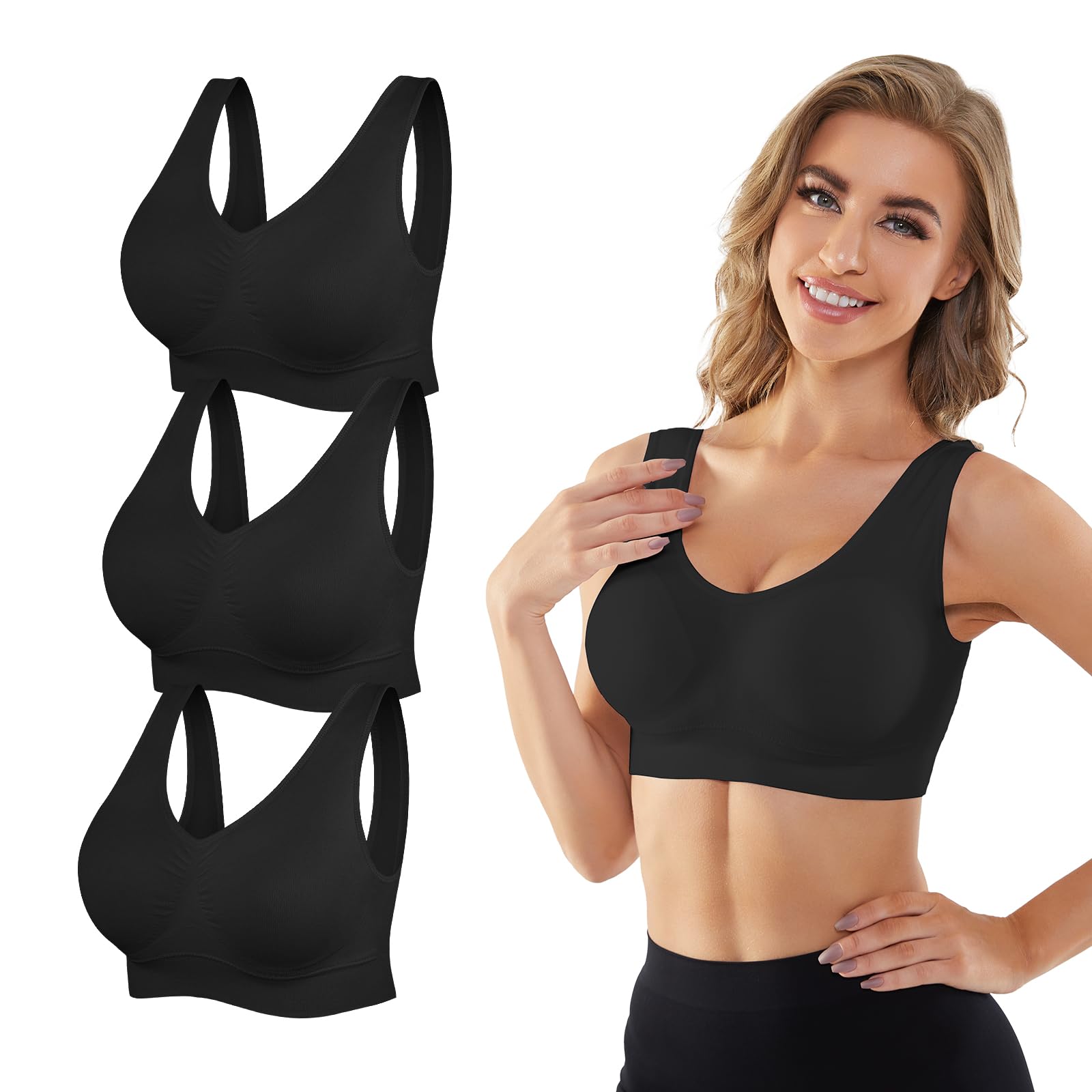 Photo 1 of YADIFEN 3 Pack Womens Sports Bras?Wireless Comfortable Seamless Sleep Yoga Sports Bras for Women with Removable Pads M