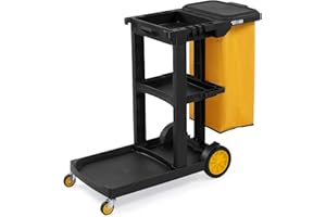 TUFFIOM Commercial Traditional Cleaning 3-Shelf Janitorial Cart, 500 Lbs Capacity Housekeeping Cart, Wheeled with Yellow VinylBag and Cover w Lid, Black,
