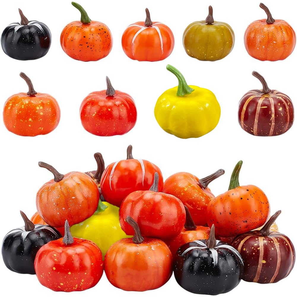 GORGECRAFT 18PCS 9 Styles Small Spotted Fake Pumpkin Decoration Mini Realistic Artificial Polyethylene Pumpkin Fall Autumn Harvest Simulation Decor for Crafts Wedding Thanksgiving Halloween Party