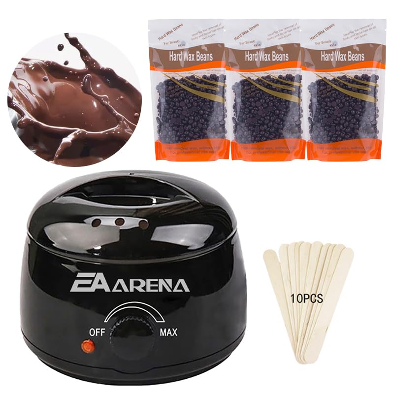 Wax Warmer Kit for Hair Removal - Professional Pot With Bowl, 3 Bags Wax Beads, Applicator Sticks - Home Waxing Machine for Full Body (Chocolate Black Pot)