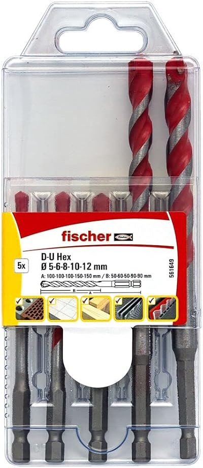 fischer 561649 Hex Universal Drill Bit Set 5pc 5-12mm Brick Wood Tile Steel