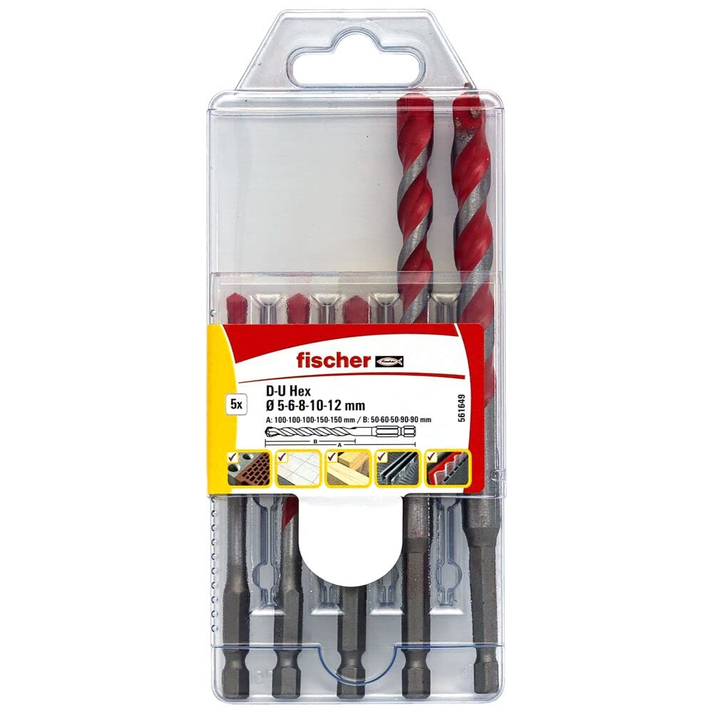 fischer 561649 D-U Hex Universal Drill Bit Set, 5 Pieces, 5mm-12mm, for Brick/Wood/Tiles/Plastics/Steel/Concrete, Red/Silver