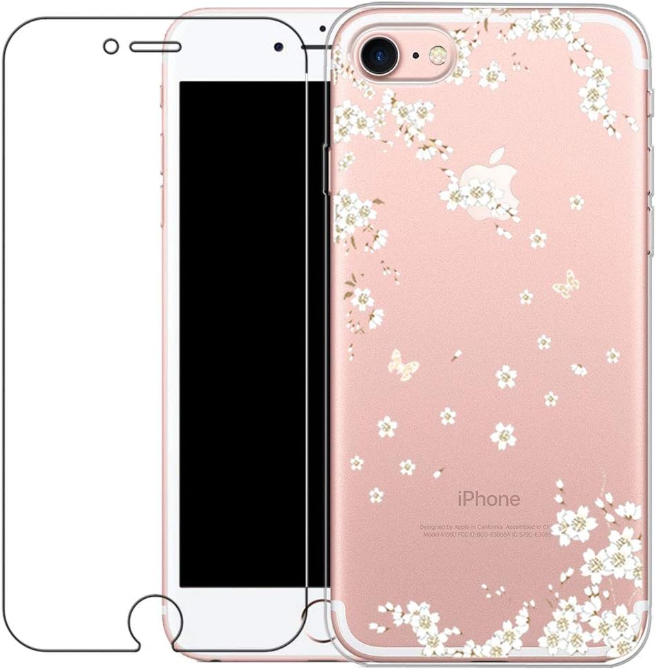 iPhone 7/8/ SE Case with Tempered Glass Screen Protector, Shumeifang® Ultra Thin Soft Gel TPU Silicone Case Cover with Cute Cartoon for Apple iPhone 7 / iPhone 8 /iPhone SE 2020 - Cherry Blossoms