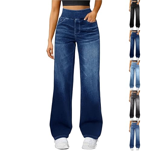 Jeans for Women UK, Womens Trousers, Pull On Wide Leg Jeans Baggy Ladies Stretch Trousers Elasticated Waist Palazzo Denim Pants High Waisted