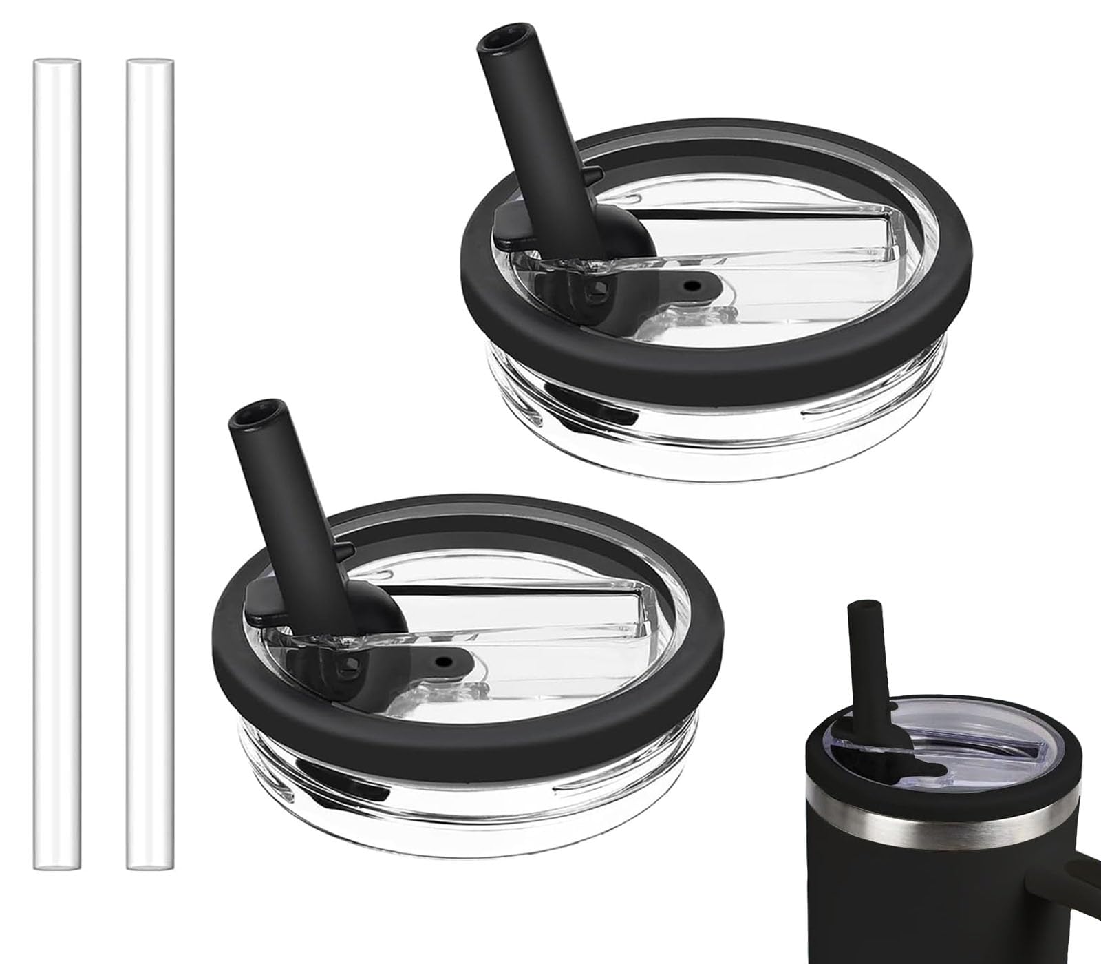 Photo 1 of 2 Pack 30 oz Tumbler Flip Straw Lid Replacement Compatible for Stanley Quencher, Leak Proof Lid Replacement for 30 OZ Stanley H2.0 FlowState Tumbler,Spill Proof Splash Reusable (Black)