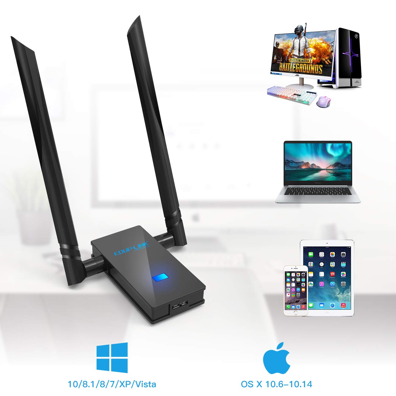 EDUPLINK AC 1200Mbps WiFi Adapter USB 3.0 Wireless Network Card Wi-Fi Dongle Adapter 802.11ac Dual Band 5G/2.4G 6dBi External Dual Antennas for Mac OS X 10.6-10.14,Windows XP/10/8/7,Vista