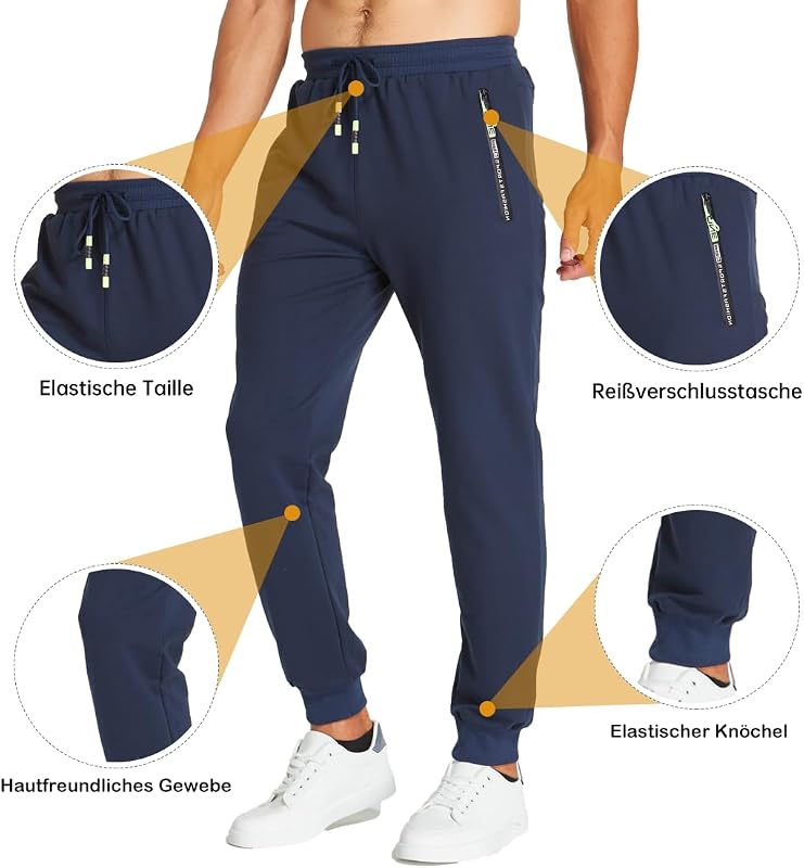 Jogginghose Herren Baumwolle mit Reißverschluss Taschen Hosen Trainingshose Sporthose Lang Sweatpants Blau L