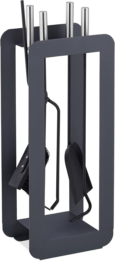 Relaxdays 5 Piece Fireplace Tool Set Steel Stand Tongs Shovel Poker Ash Broom