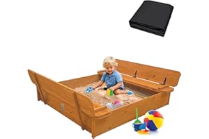 RUNSHED Large Wooden Kids Sandbox with Lid – Outdoor Sand Box for Kids with Cover Sand Protection, Foldable Bench Seats and Bottom Liner