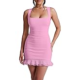 Mokoru Women's Sexy Ruched Bodycon Mini Dress Square Neck Ruffle Hem Club Party Short Tank Dresses