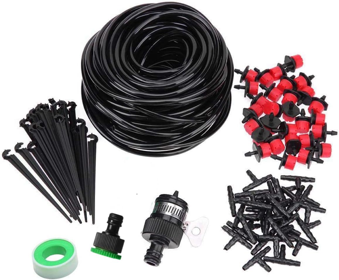 Kalolary 50ft Drip Irrigation Kits Accessories Plant Watering System Adjustable Home Garden Patio Misting Micro Flow Drip Irrigation Misting Cooling System