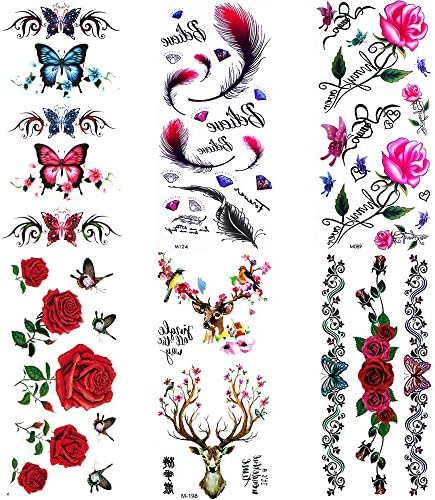 Blossoms Flash 3D Sexy Flower Temporary Tattoos Stickers, Simulated Rose Butterfly Stickers for Arm Chest and Legs, for Women & Girls (6 Sheets)