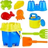 PREXTEX 10 Piece Beach Sand Toys Set for Kids - Bucket with Sifter, Shovel, Rake, Watering Can, 5 Animal and Castle Sand Mold