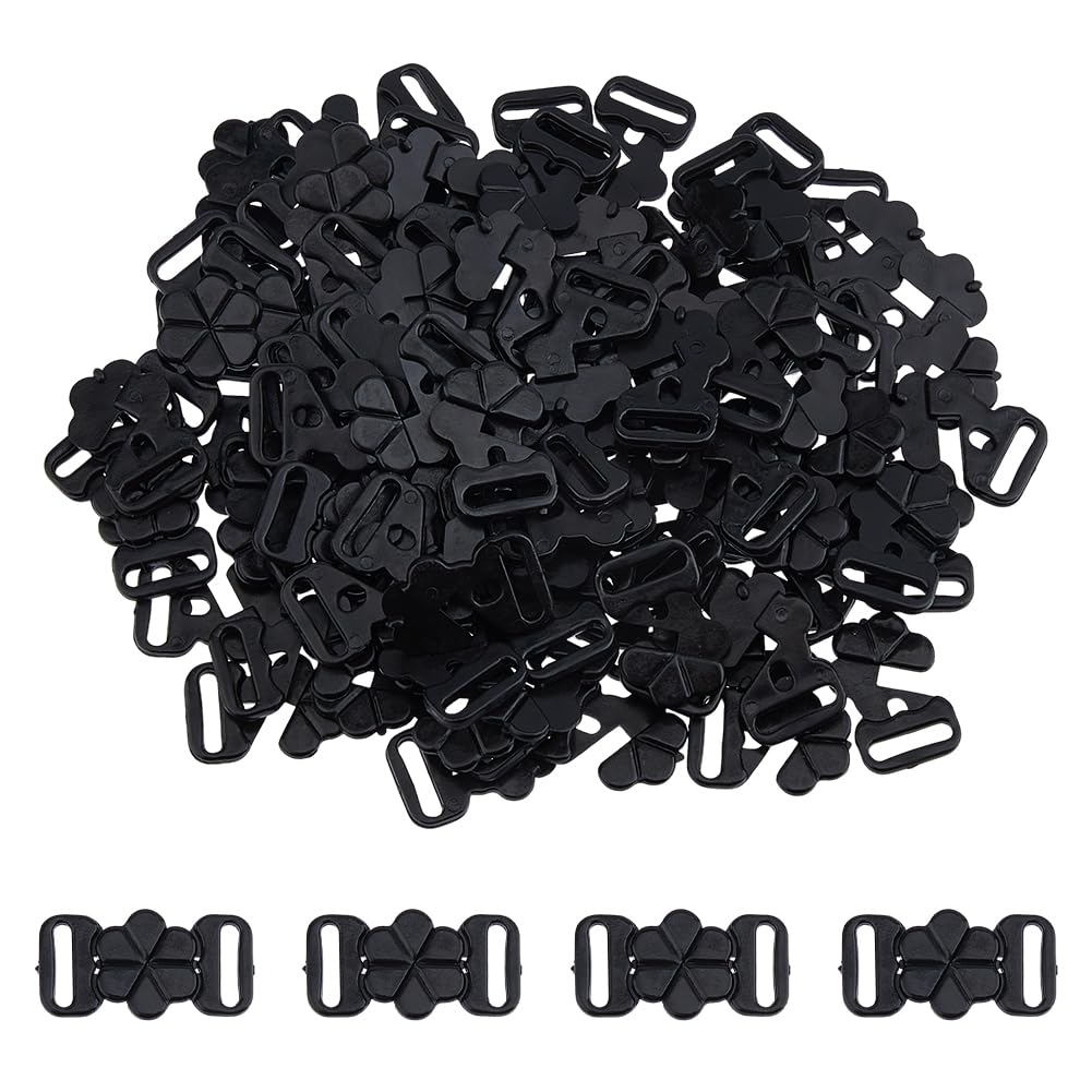 SUPERFINDINGS 60 Pairs 120Pcs Bra Clips In Front Black Plastic Bra Clasp Fasteners Flower Shaped Swimwear Clicker Bikini Hooks for Swimsuit and Lingerie DIY Sewing Underwear Accessories
