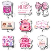 9PC Student Nurse in Progress Badge Reel Cute Pink Medical Assistant Accessories ID Name Holder Nursing School Hospital Supplies Essentials Bow Ribbon Stethoscope Gifts for RN CNA Healthcare Workers