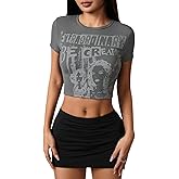 winkbay Women's Vintage Graphic Crop Tops Summer Y2k Crew Neck Short Sleeve Fitted Rave T Shirts