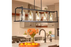 DSMJFU DSMJFU DSMJFU Farmhouse Chandelier for Dining Room, Black and Gold 5 Light Kitchen Island Dining Room Light Fixture Over Table, Rustic Rectangular Black and Gold Kitchen Island Light for Kitchen Dinning