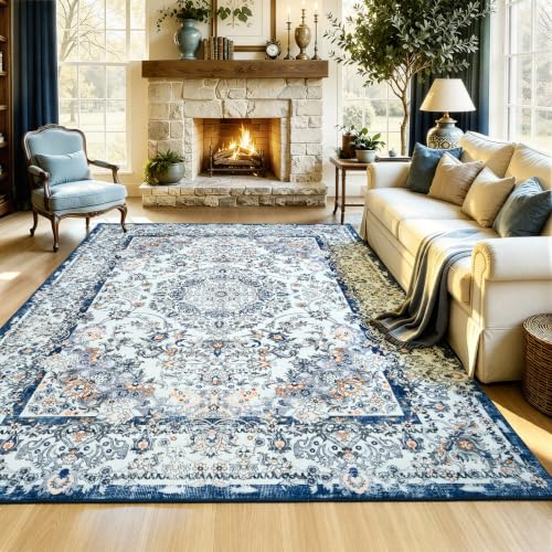 UKISS Washable Rugs Mats,Ultra Soft Faux Wool Memory Foam Rug for Bedroom, 5'x7' Non Slip Large Area Rugs for Living Room ,Low Pile Boho Carpets for Home Office,White&Blue at Amazon