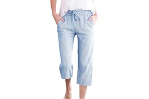 Stripe Capris Pants for Women Casual Summer Drawstring Elastic High Waist Pants Straight Leg Cropped Lounge Trouser