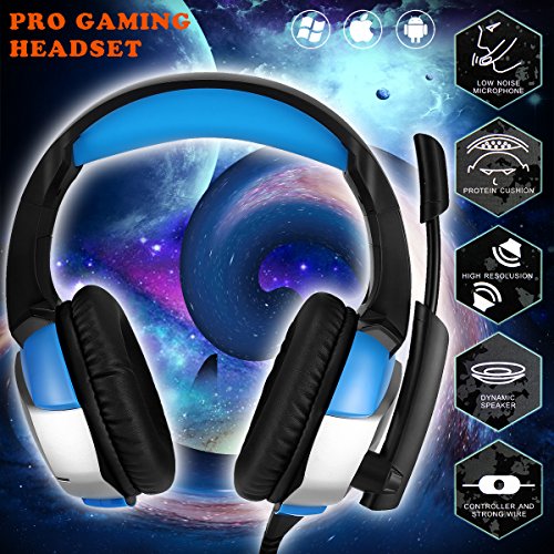 Gaming Headset - Onikuma K5 3.5mm Over-ear Stereo Gaming Headphones with Mic,Noise Reduction,Volume Control, Foldable Earphones for Xbox One/Switch/PS4/CF/Laptop/Smartphone (Black/Blue)