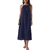 Amazhiyu Womens Linen Halter Sleeveless Maxi Dress Tie Back with Belt and Pockets