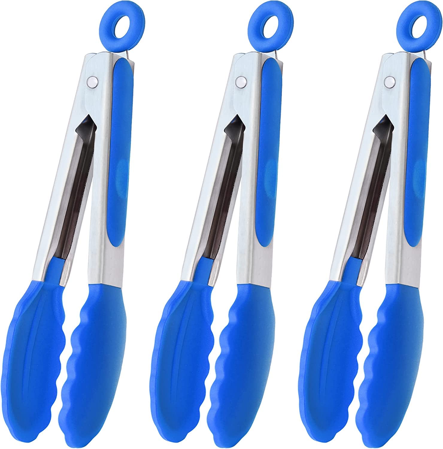 HINMAY Mini Kitchen Tongs with Silicone Tips 7-Inch Serving Tongs, Set of 3 (Blue)