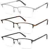 CRGATV 3-Pack Reading Glasses for Men Blue Light Blocking Fashion Metal Half Wide Frame Readers Semi Rimless Eyeglasses