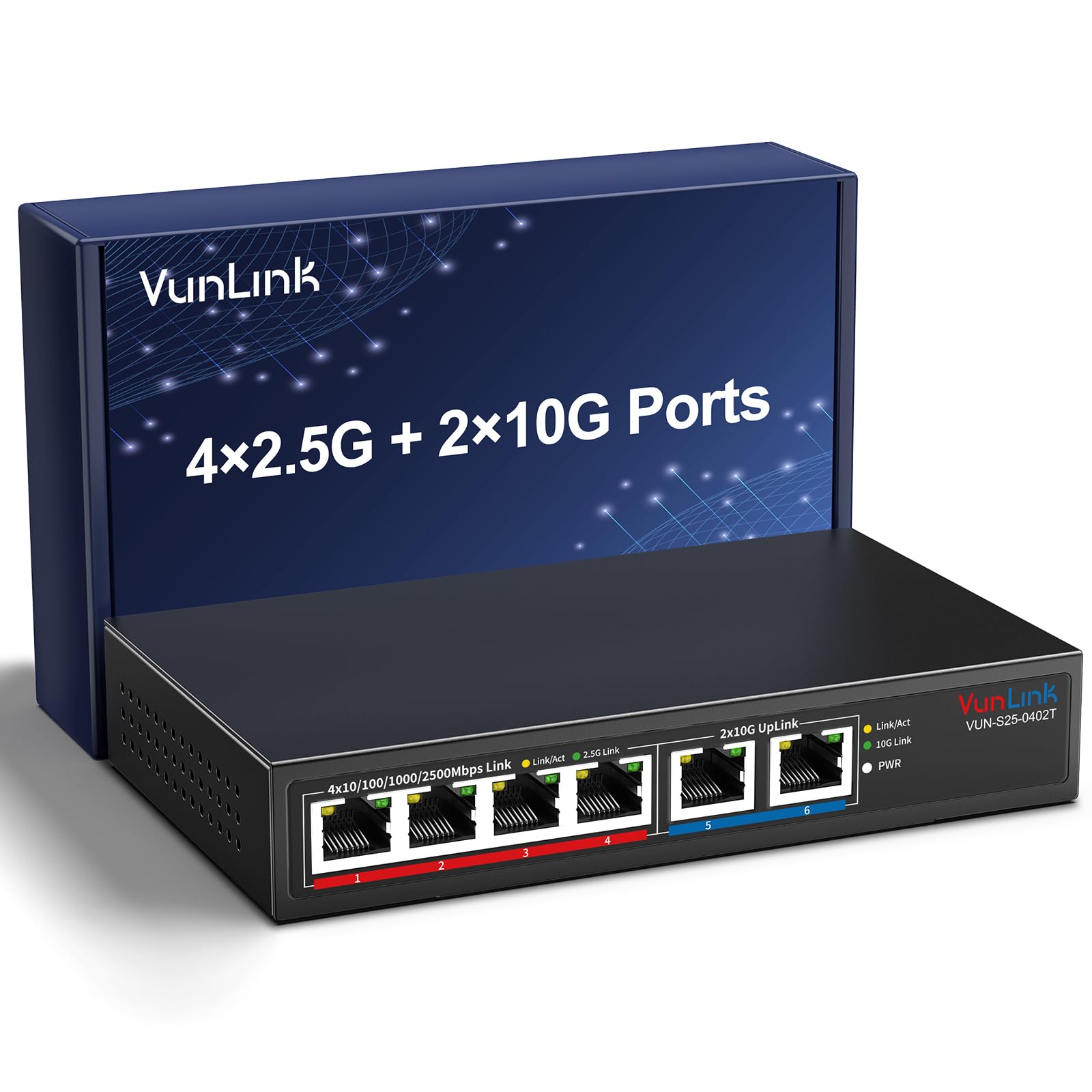 Photo 1 of 10Gb Ethernet Switch with 4 x 2.5GbE + 2 x 10GbE RJ45 Ports, VunLink 6 Port 10G/2.5G Multi-Gigabit Unmanaged Network Switch, Plug and Play, Fanless, Desktop/Wall-Mount, for Wireless AP, NAS, PC, Home