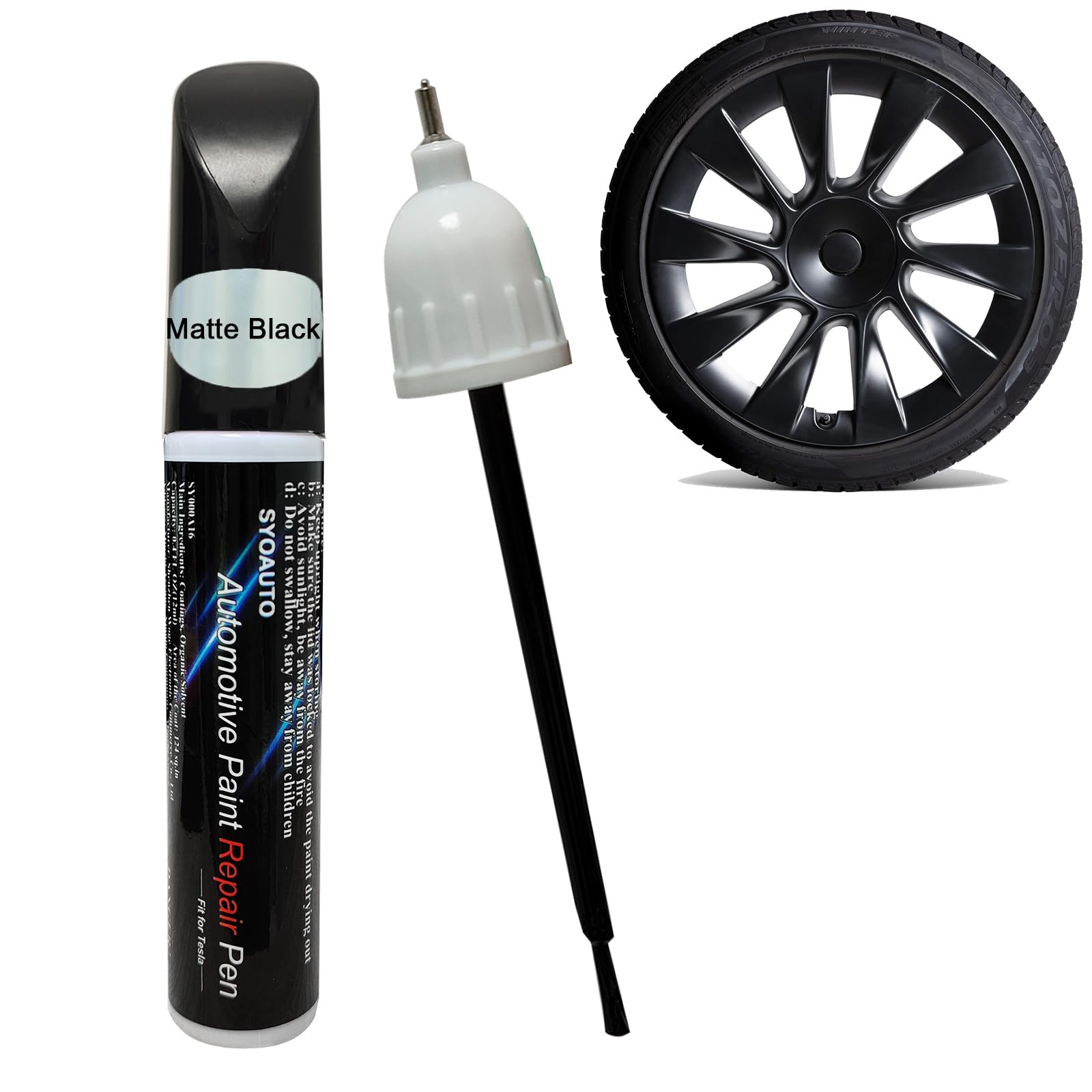 Photo 1 of SYOAUTO Matte Black Rim Touch Up Paint For Tesla Model Y 20" Induction Wheel Touch Up Paint Pen Tip and Brush 2 in 1 Rim Scratch Repair Wheel Paint Curb Rash Paint Pen(Matte/Satin Black)