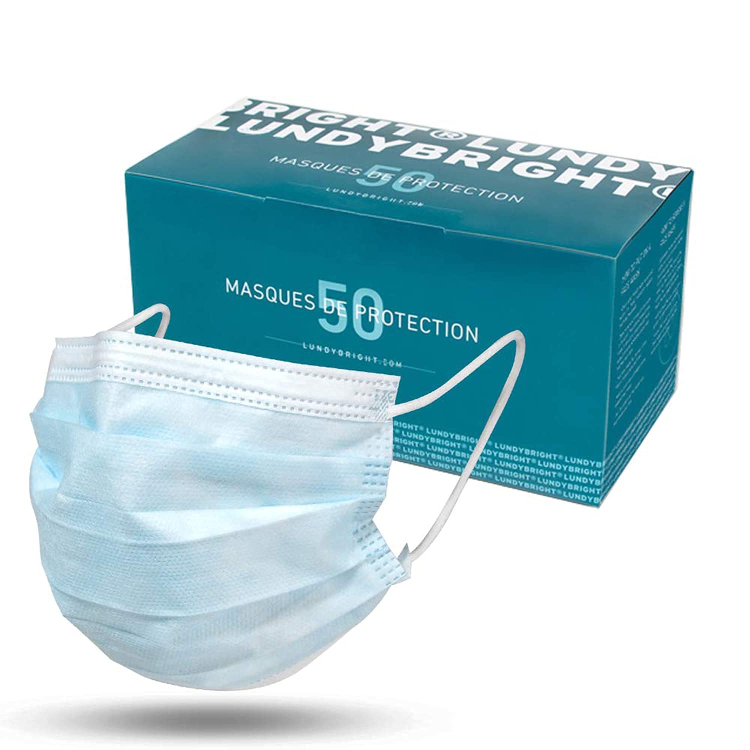 Lundybright CE Certified Medical Mask, 3 Layer Type 1, White and Blue (Pack of 50 Masks)
