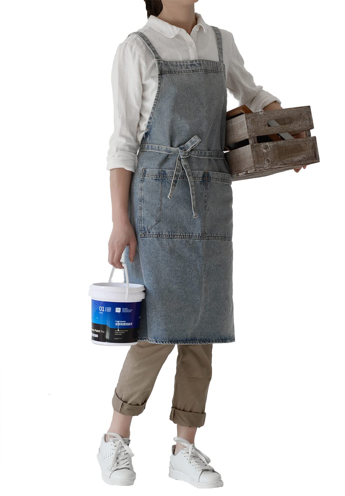 Pincy Denim Apron Cross Back, Unisex Adjustable Bib Apron with Pockets for Cooking Kitchen (Light Blue)