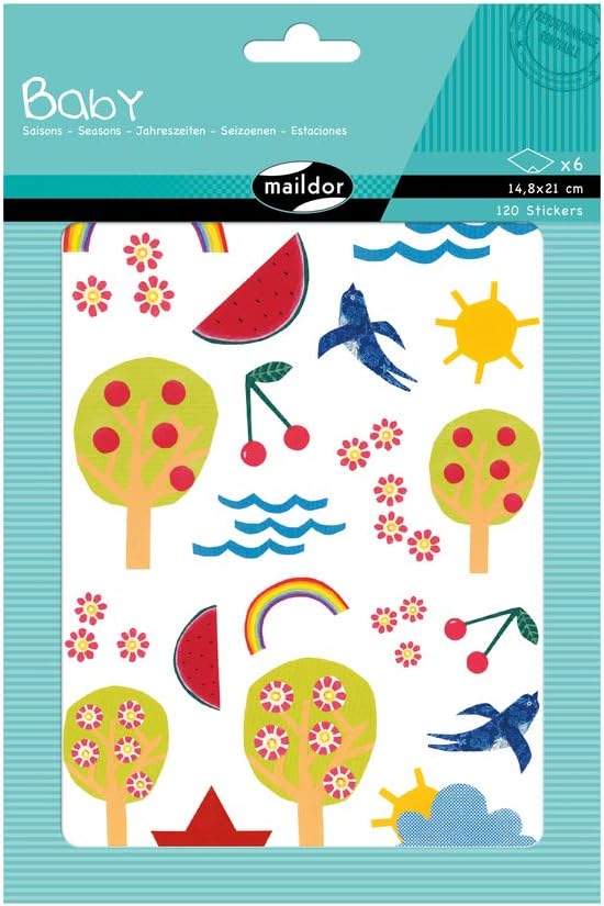 Maildor, Ref AE034O, Baby Stickers (Pack of 6 Sheets), 21 x 14.8cm, Seasons Designs, 120 Stickers Total, Brightly Coloured
