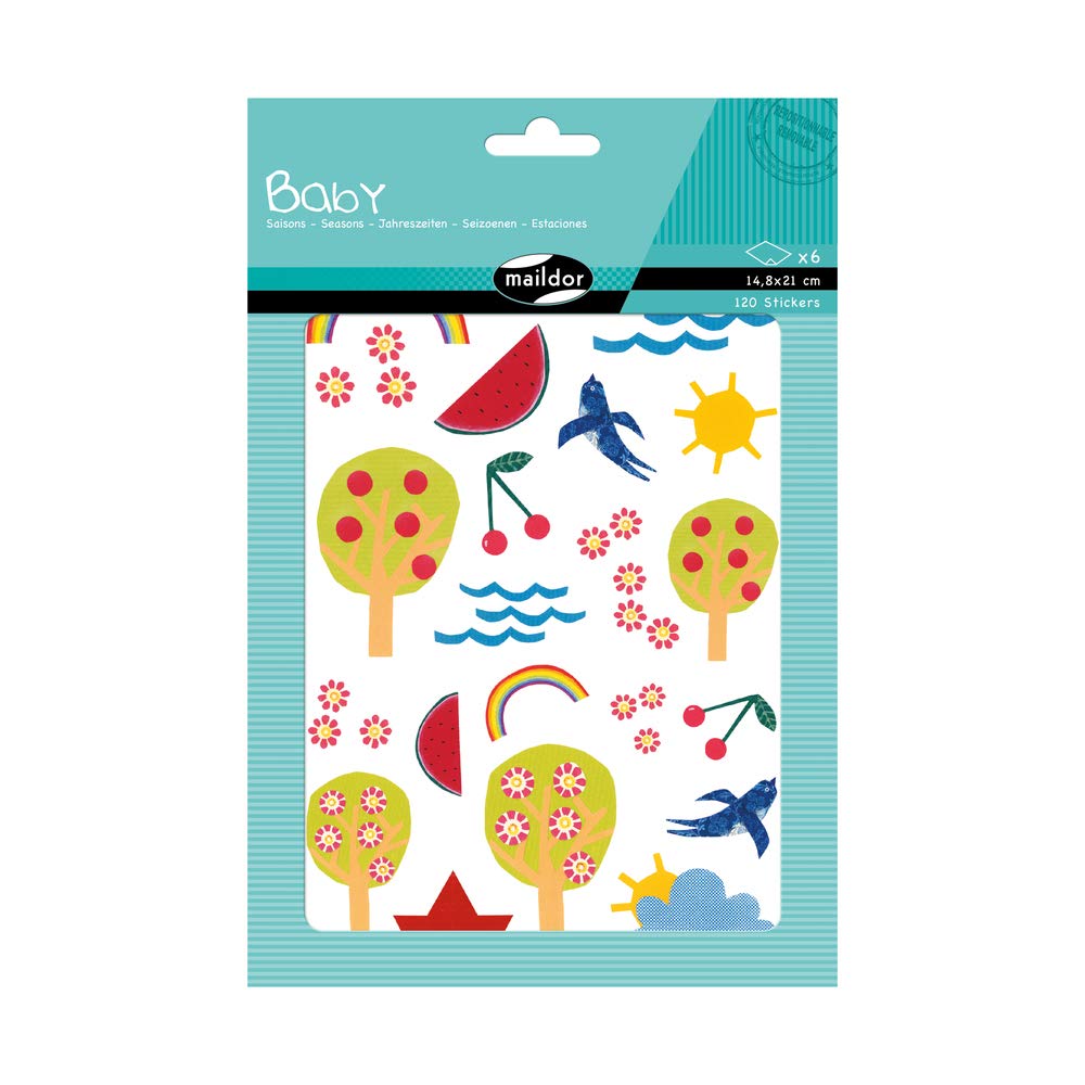 Maildor - Ref AE034O - Baby Stickers (Pack of 6 Sheets) - 21 x 14.8cm - Seasons Designs - 120 Stickers Total, Brightly Coloured, Suitable for Children Aged 2+