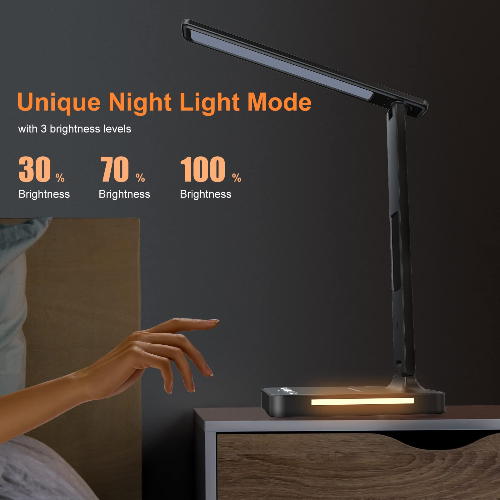 poukaran LED Desk Lamp with Wireless Charging, 5 Adjustable Light Sources and 5 Levels of Brightness Adjustment, Desk Lamp with Night Light Function, Black