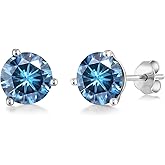 Gem Stone King 18K White Gold Persian Blue Moissanite 3 Prong Stud Earrings For Women Men (2.00cttw, Gemstone, Round 6.5MM)