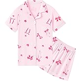 QZH.DUAO Girls & Women's Pajamas Set 100% Cotton PJ Set Button-Down Short Sleeve Sleepwear for Ages 5-14