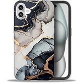 TAMEFOX Case Compatible with iPhone 16,Black Gold Marble Hybrid 2-Layer Hard Shell+Silicone Double Protective Scratch-Resistant Shockproof Case for iPhone 16