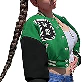 babyhealthy Womens Crop Varsity Jacket Stitched Leather Baseball Bomber Jacket Y2K Streetwear Short Coat