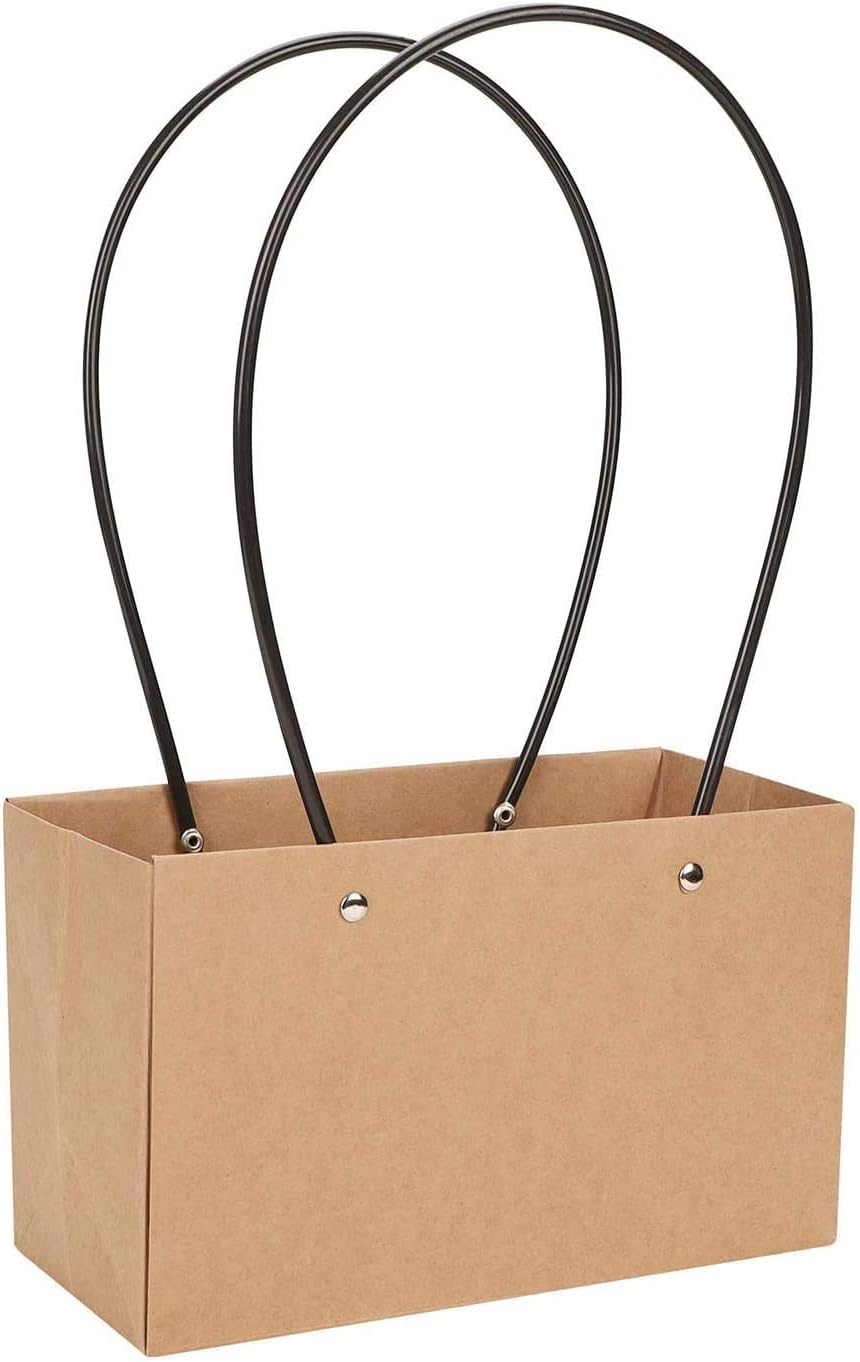 Shiwaki 5pcs Kraft Paper Flower Gift Bag Box - Waterproof Brown Paper Carrier With Handle Tote for Birthday Wedding Party Favors