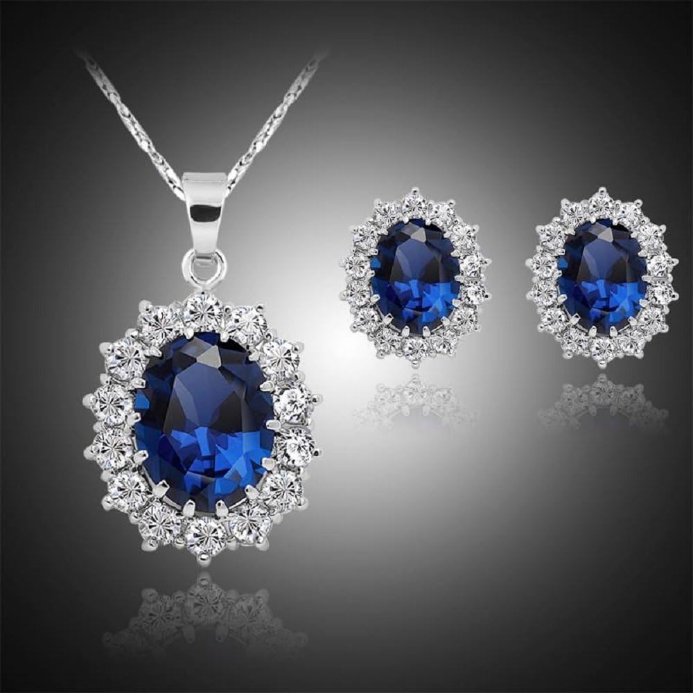 Crystalline Azuria Women 18ct White Gold Plated Ellipse Blue Simulated Sapphire Zirconia Crystals Set Pendant Necklace 17.7 inches Earrings - Image 3