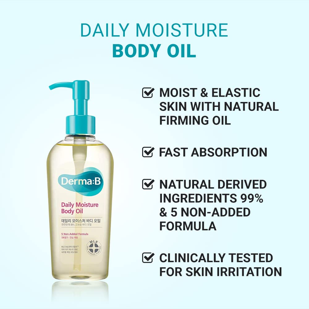Derma B Daily Moisture Body Oil | 99% Natural Argan & Sweet Almond Oil | Shower Oil for Dry Sensitive Skin | Light & Long-Lasting Hydration | Skin Body Care Oil with Peach Scent | 6.78 fl oz (200ml)