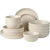 Gibson Elite Leeds Court Plates and Bowls Sets, 16-Piece Stoneware Dinnerware Sets, Cream White, Round Speckle Reactive Glaze Dish Set