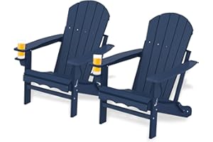 CLOUDEEP Folding Adirondack Chairs Set of 2, HDPE Plastic Adirondack Chair with Cup Holder Weather Resistant, Wood Texture Outdoor Fire Pit Chairs for Patio Garden,Poolside and Deck, Umbrella Hole, Dark Blue