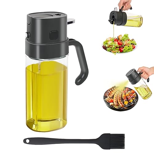 Philorn Oil Spray Bottle, 2 in 1 Oil Spray and Oil Dispenser, 550ml/ 18.6oz Olive Oil Spray Bottle with Pouring, Glass Oil Spray Bottle for Kitchen Cooking, Air Fryer, BBQ, Salad, Baking (Black)