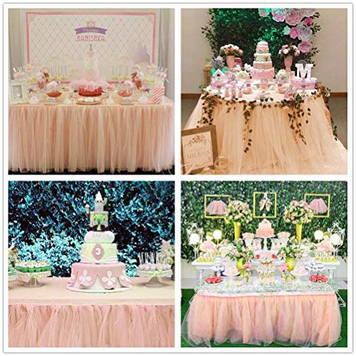 Fanqisi Tulle Table Skirt 3 Yard Light Peach Fluffy Satin Craft Table Skirting for Sweetheart Cake Table Event Birthdays Rectangle Table Decoration - Thumbnail 2