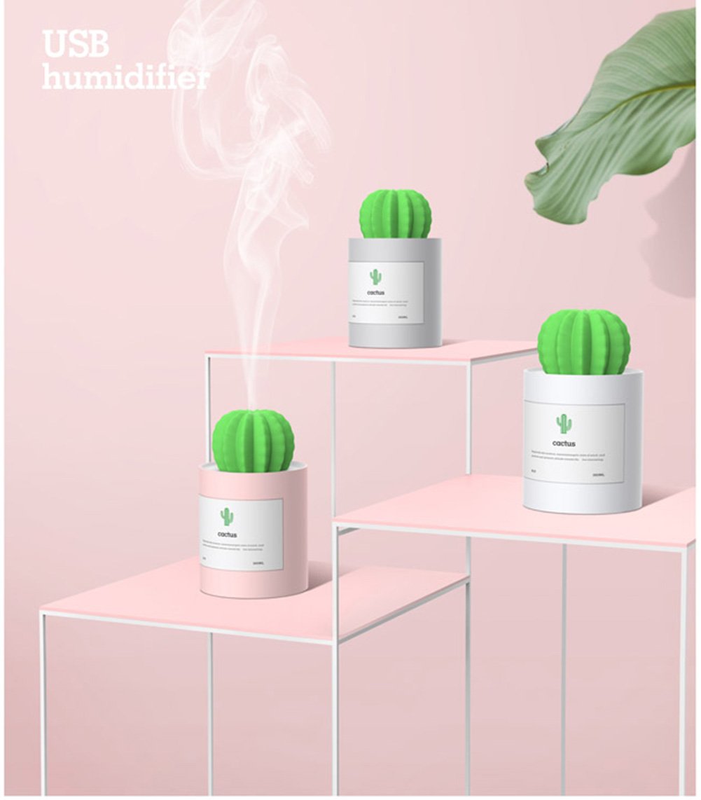 Mini Humidifier, 280ml USB Cool Mist Portable Cactus Air humidifier, Ultra-Quiet Operation for Bedroom Home Office Desk Yoga Car Travel(White)